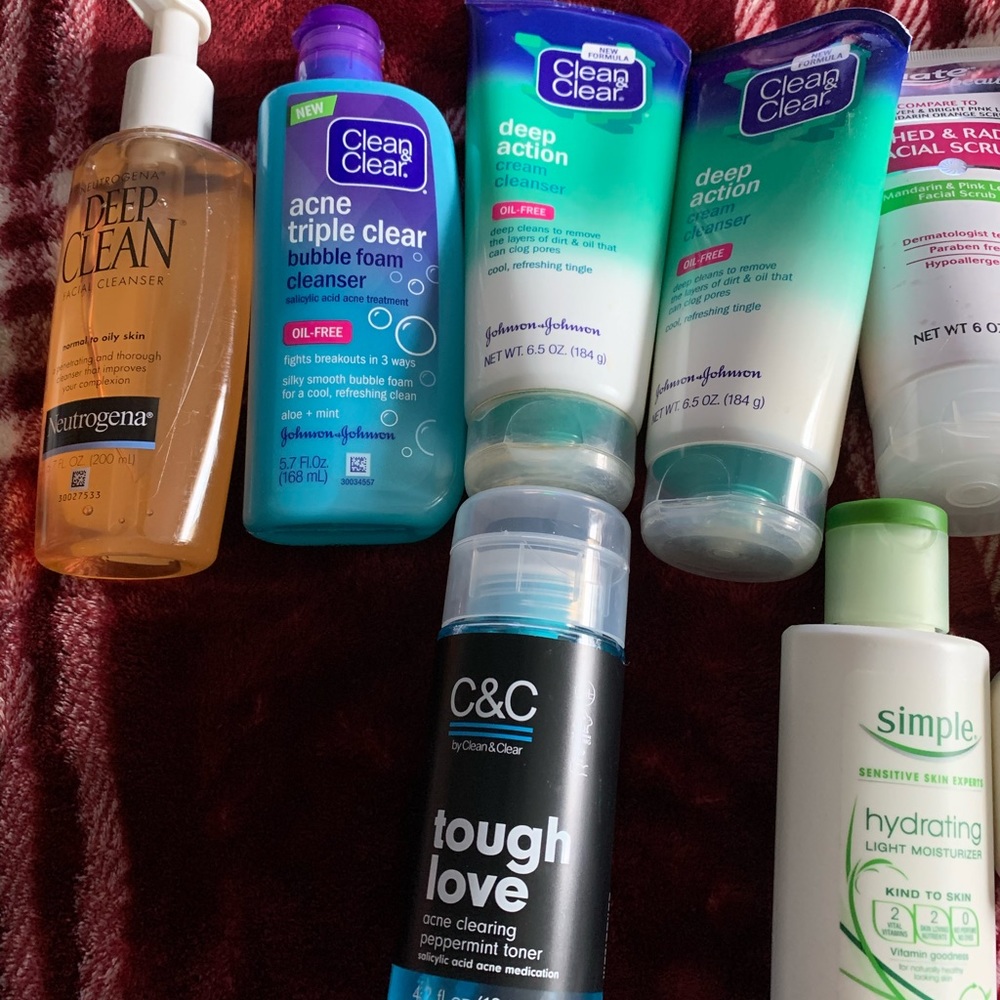 Drugstore face wash, toner, and moisturizer.